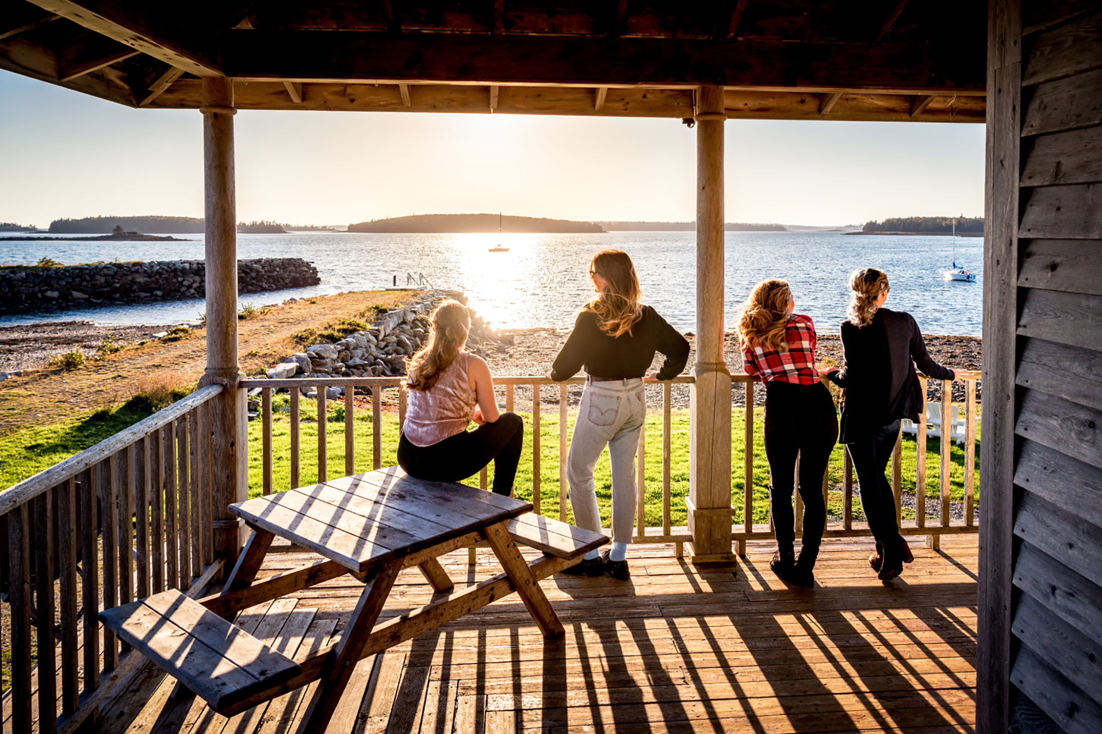 A group of women looking off a deck onto the ocean
