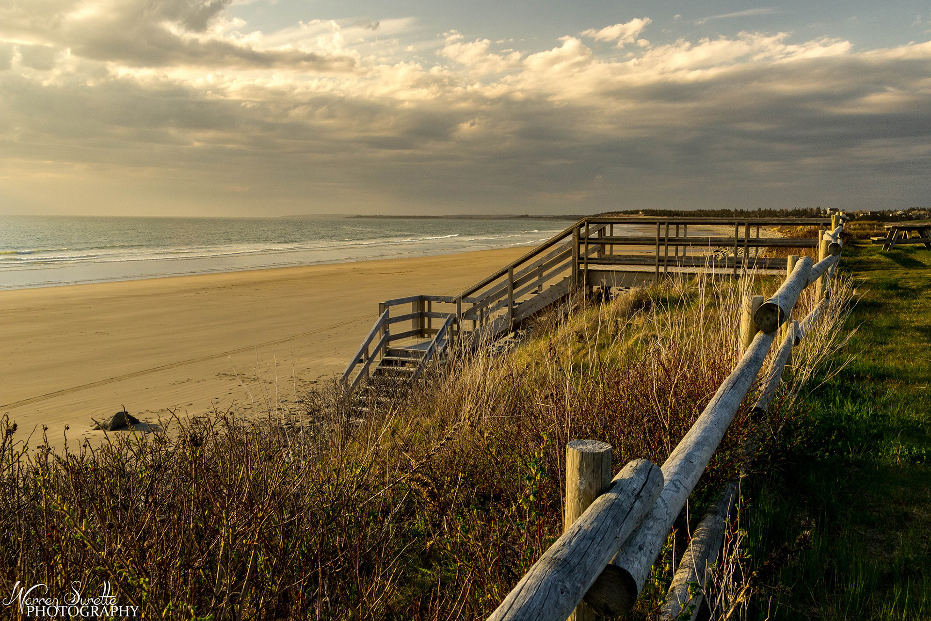 Tall grass and wooden stairs leading down to a sandy beach